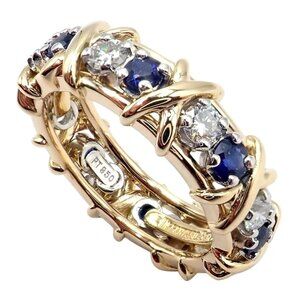 Tiffany & Co Schlumberger 18k Gold Platinum 16 Stone Diamond Sapphire Band Ring